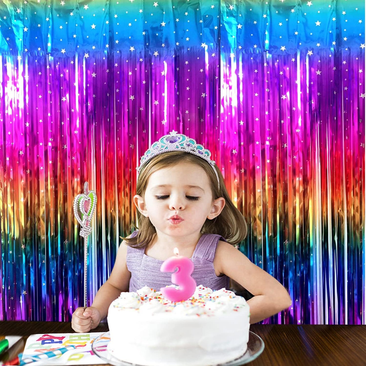 Rainbow Tinsel Foil Fringe Curtains - 2 Pack Metallic Streamers for Party Decor | 3.3x6.6ft Backdrop
