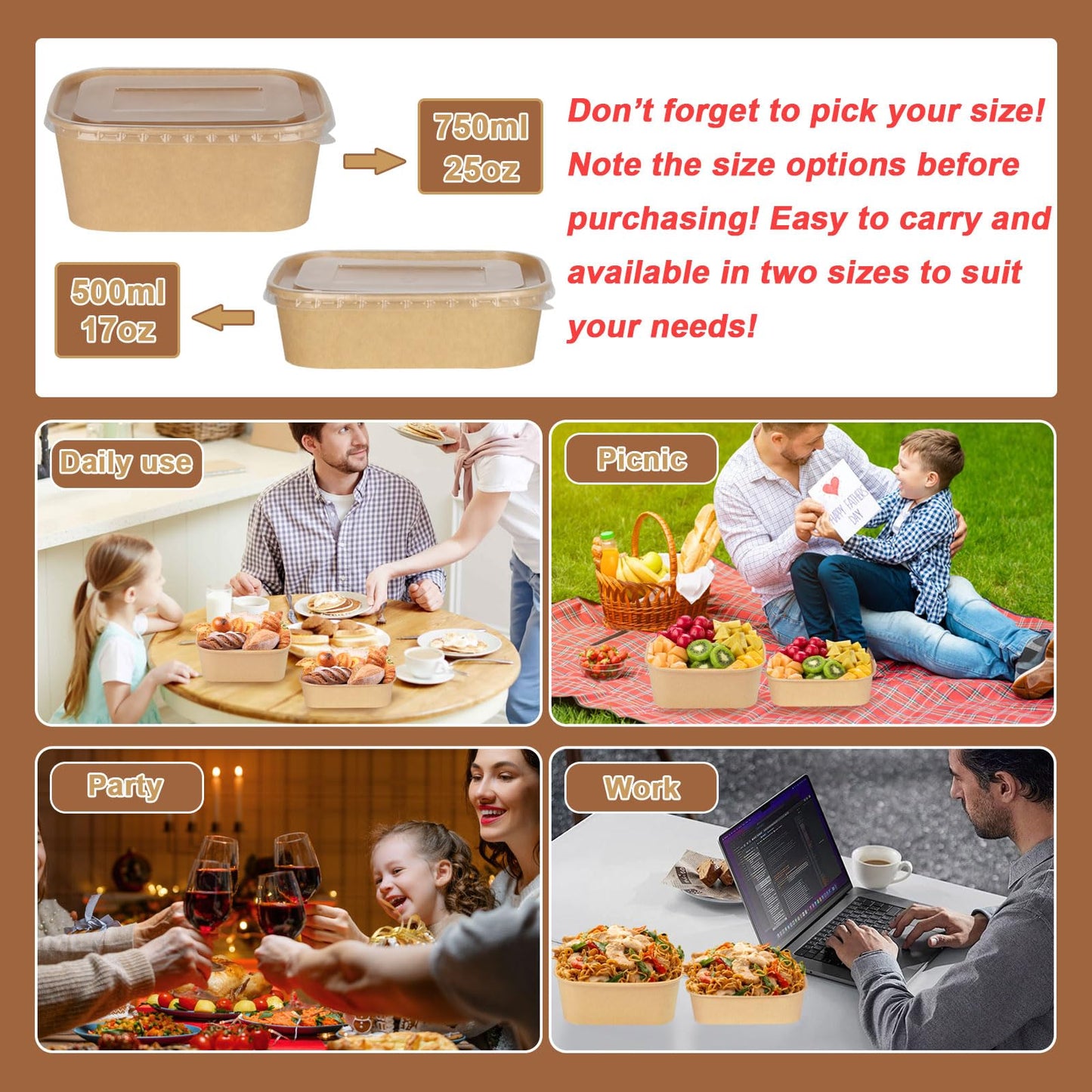 Hokimder 50 Pack 25oz Compostable Take Out Paper Food Cardboard Containers with Lids, Disposable Kraft Paper to Go Boxs, Microwave and Freezer Storage Safe for Salad, Leftovers, Soup, Snack-750ml