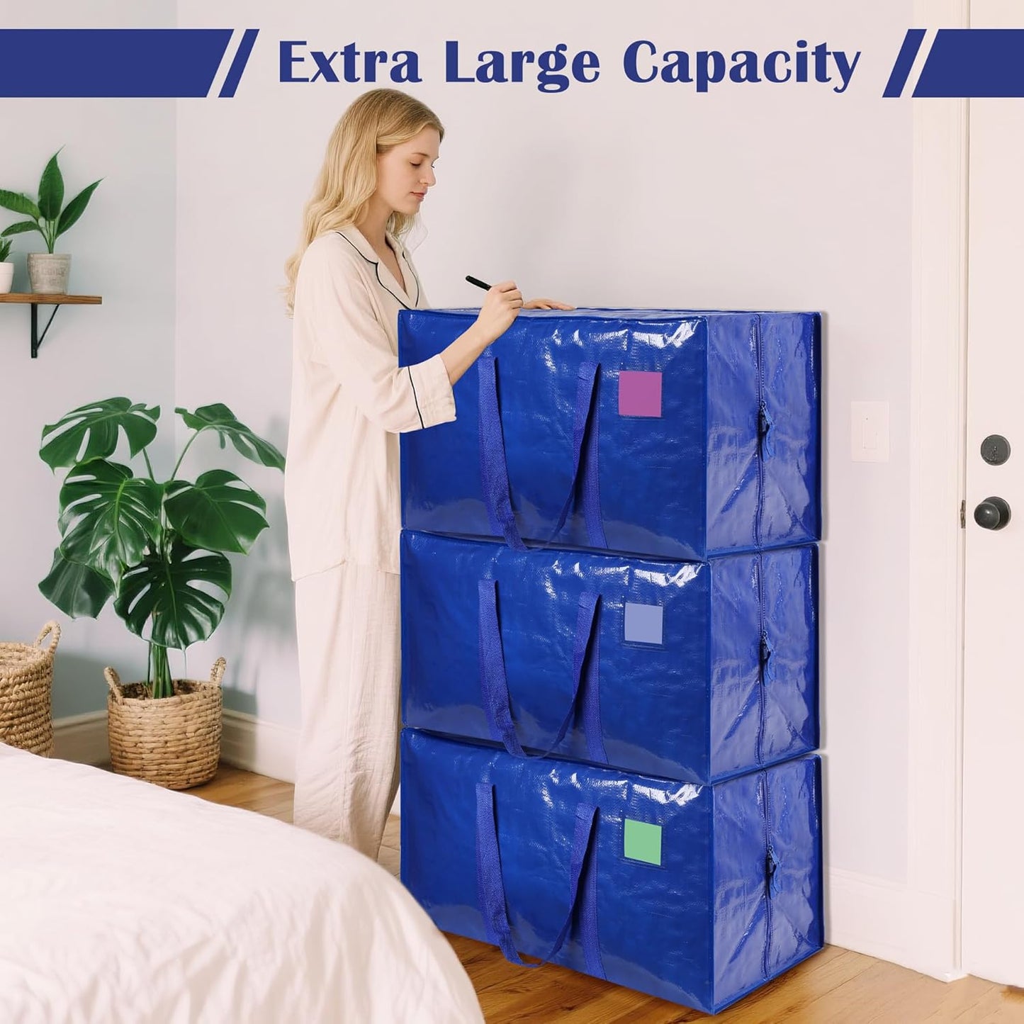 Skiennix Extra Large Moving Bags - 93L Heavy Duty Waterproof Storage Totes | 6 Pack for Home Organization & College Dorms - Blue