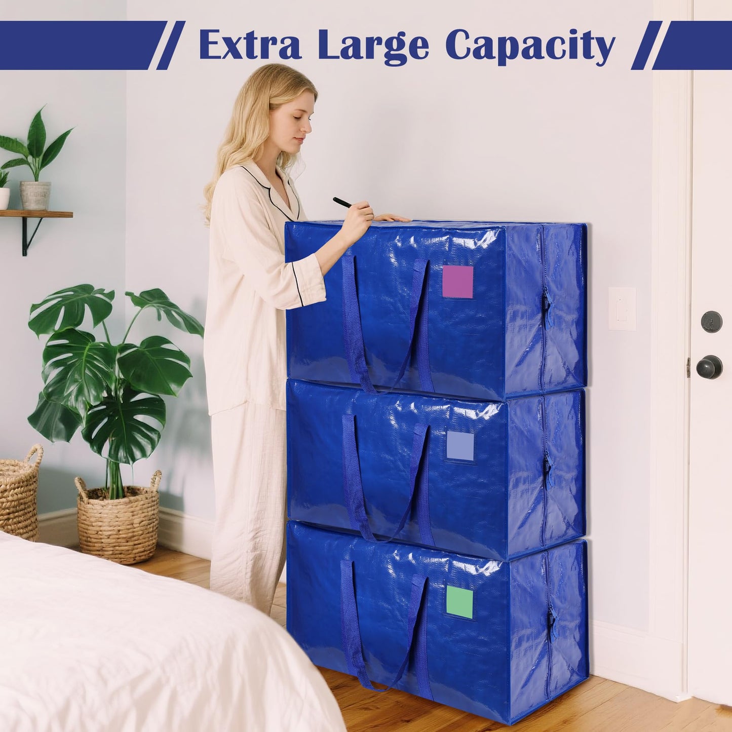 RMOHRO 12 Pack Moving Bags with Full-Open Side Zipper, Extra Large 93L Heavy Duty Waterproof Foldable Storage Totes for College Dorm, Moving & Home Organization Blue