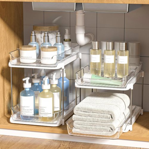 Delamu 2-Tier Bathroom Under Sink Organizer - Stackable Storage with Movable Dividers, White | 2 Pack