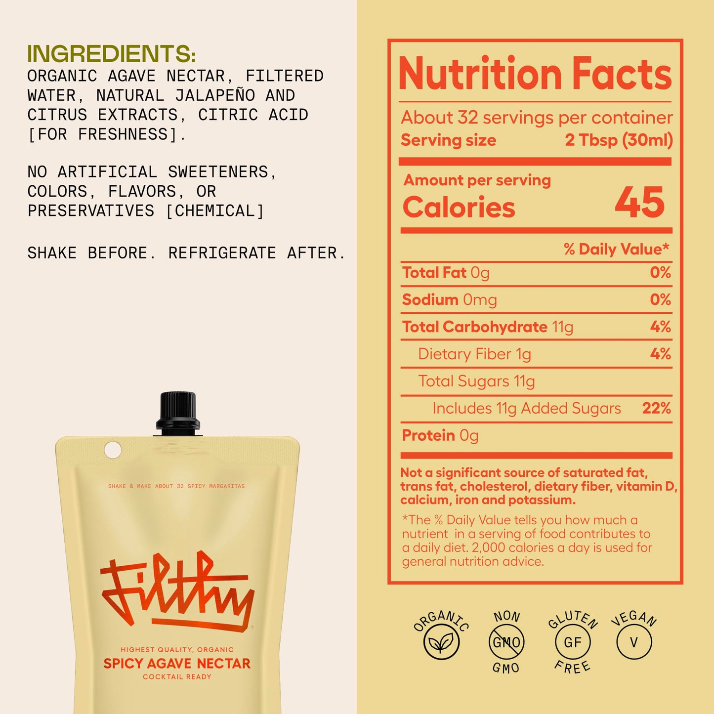 Filthy Spicy Agave Nectar All Natural Cocktail Mixer - Organic, Cocktail-Ready Agave Made With 100% Organic Blue Weber Agave - For Use in Margaritas and Your Favorite Cocktails, 32 oz Pouch, 1 Pack