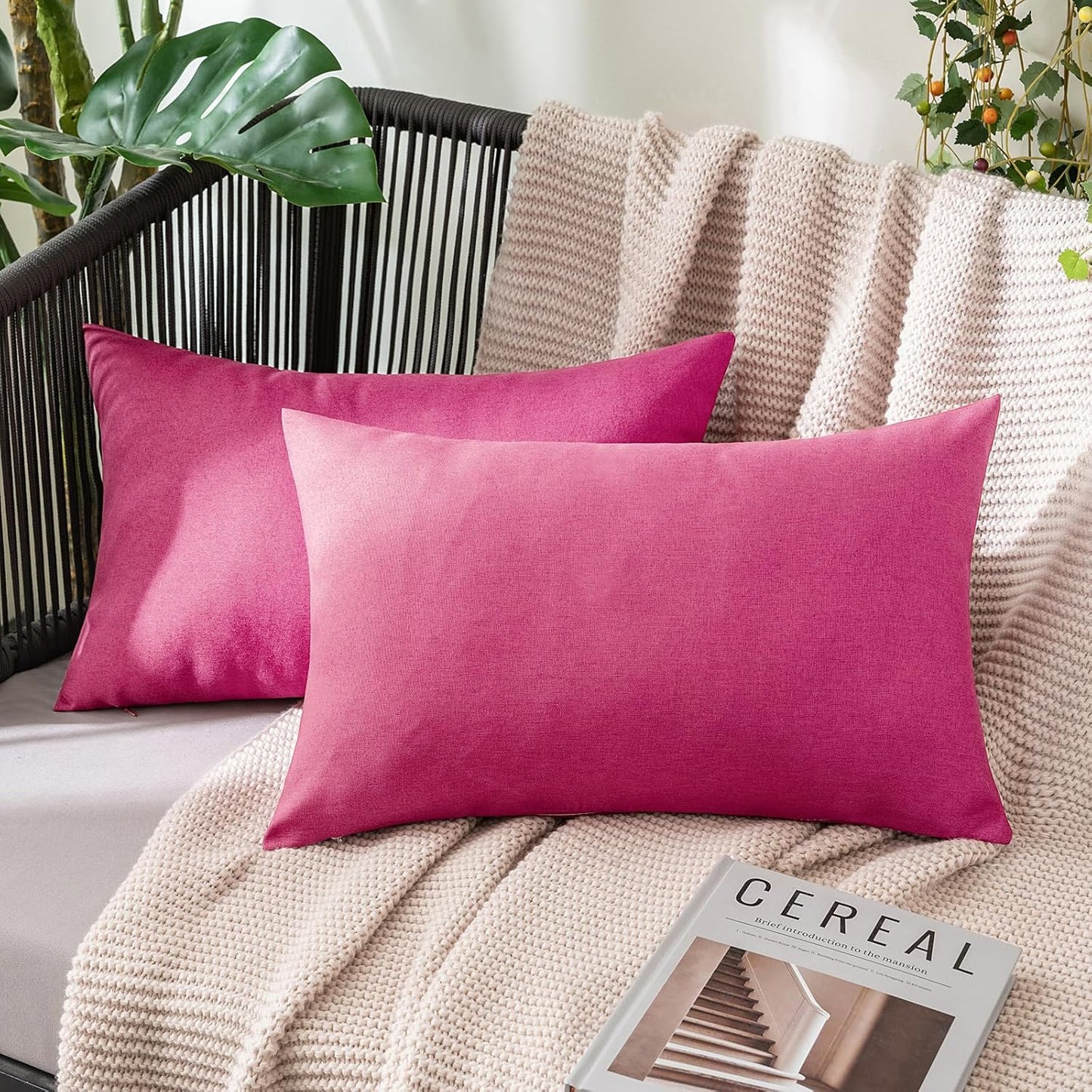 MIULEE Decorative Outdoor Throw Pillow Covers - Waterproof Faux Linen Cushion Cases | 20x12 Inch Hot Pink (Pack of 2)