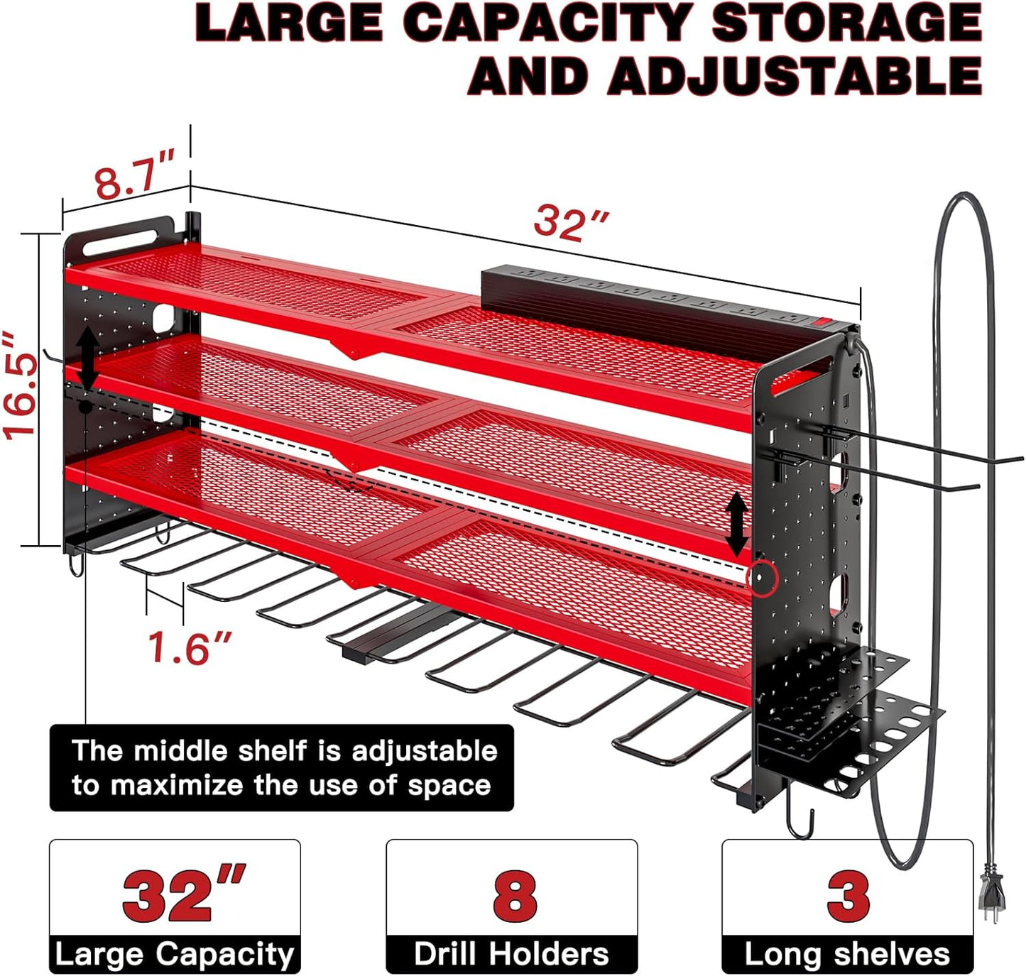 NattyDot Power Tool Organizer - Wall Mount Charging Station with 8 Drill Holders | 4-Layer Garage Storage Rack (Red)