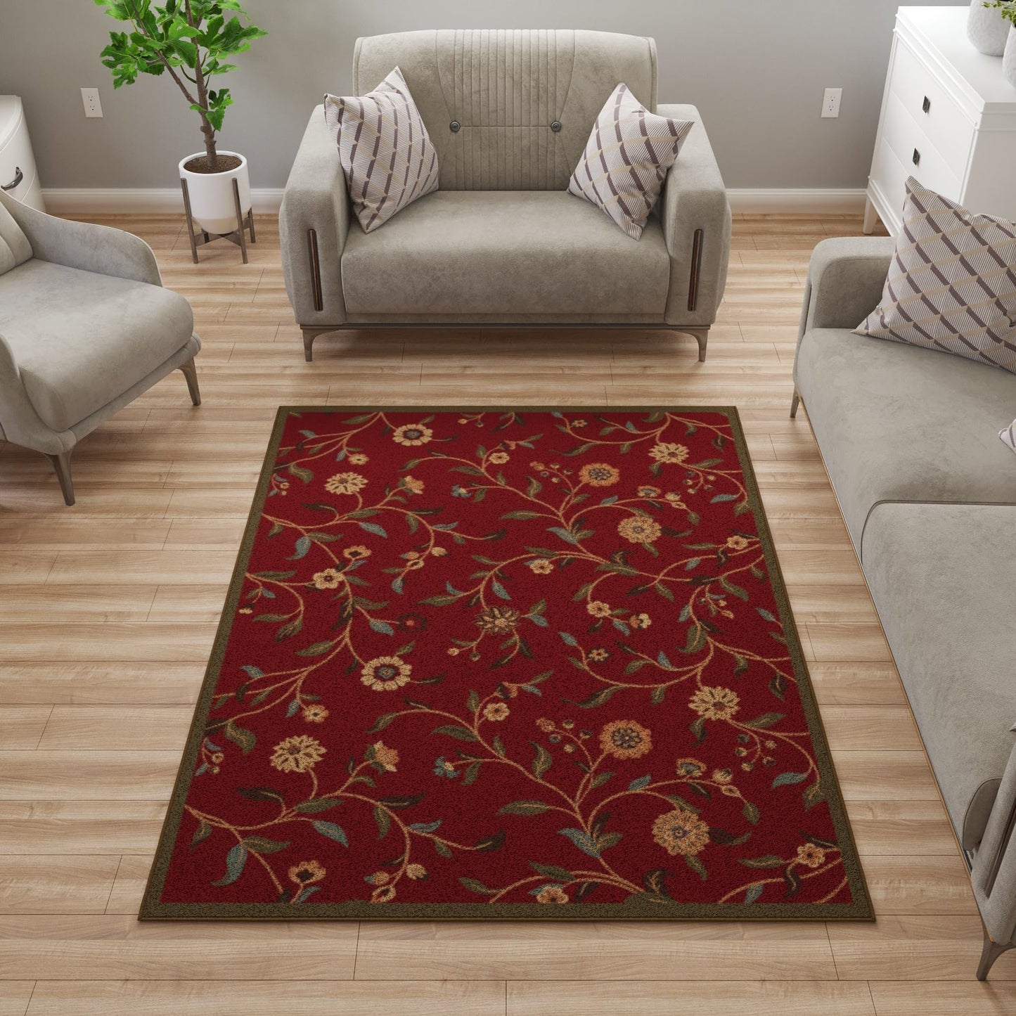 Ottomanson 5' x 6'6" Rugs for Living Room Floral Area Rug for Bedroom - Non Slip Durable Large Floor Carpet for High Traffic Areas - Indoor Rug for Dining Room Kitchen Kids Playroom, Red