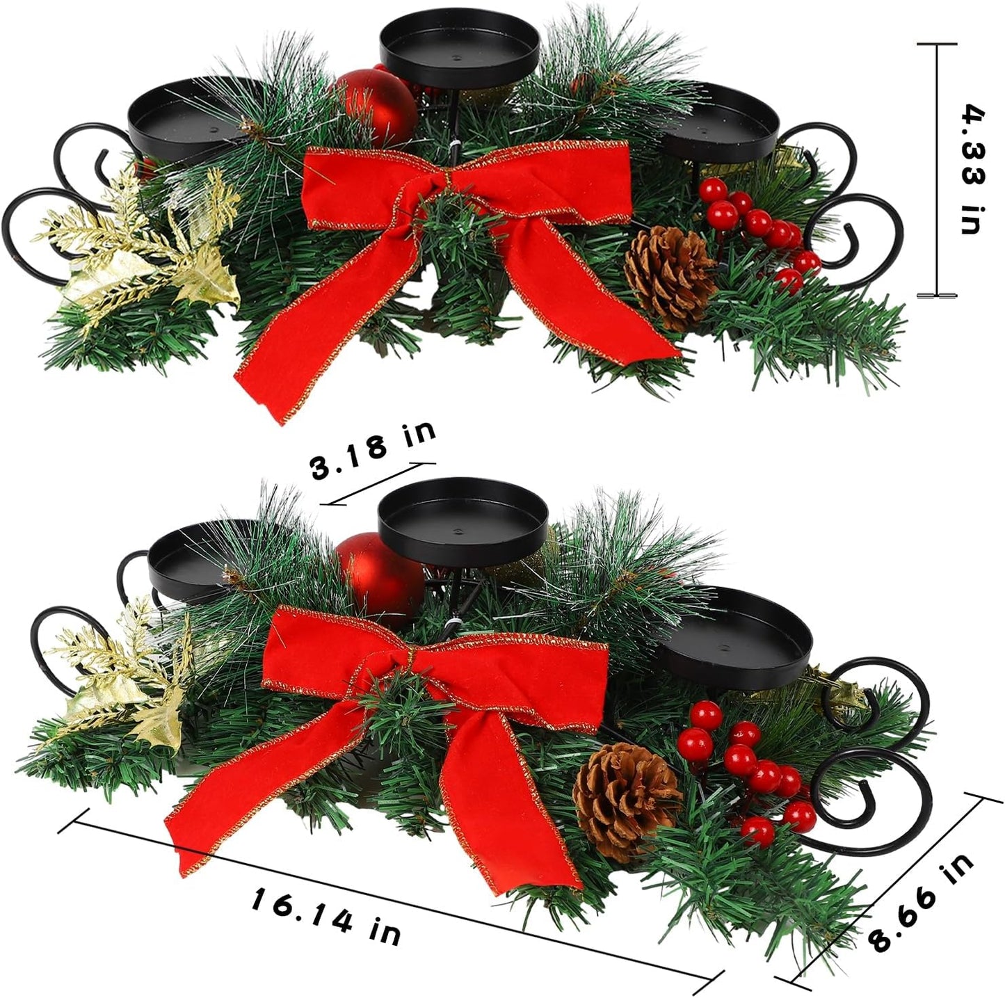 MorTime Christmas Candle Holder - Festive Table Centerpiece with Red Bow, Berries & Pinecones | Steel Base Decor