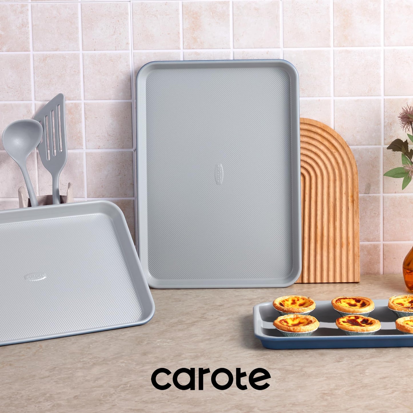 CAROTE 3-Piece Baking Pan Set - Bakeware Set, Baking Sheet Set Including 13 Inch 15 Inch 17 Inch Sheet Pan, Cookie Sheet for Baking, Royal Violet, Blue & Grey