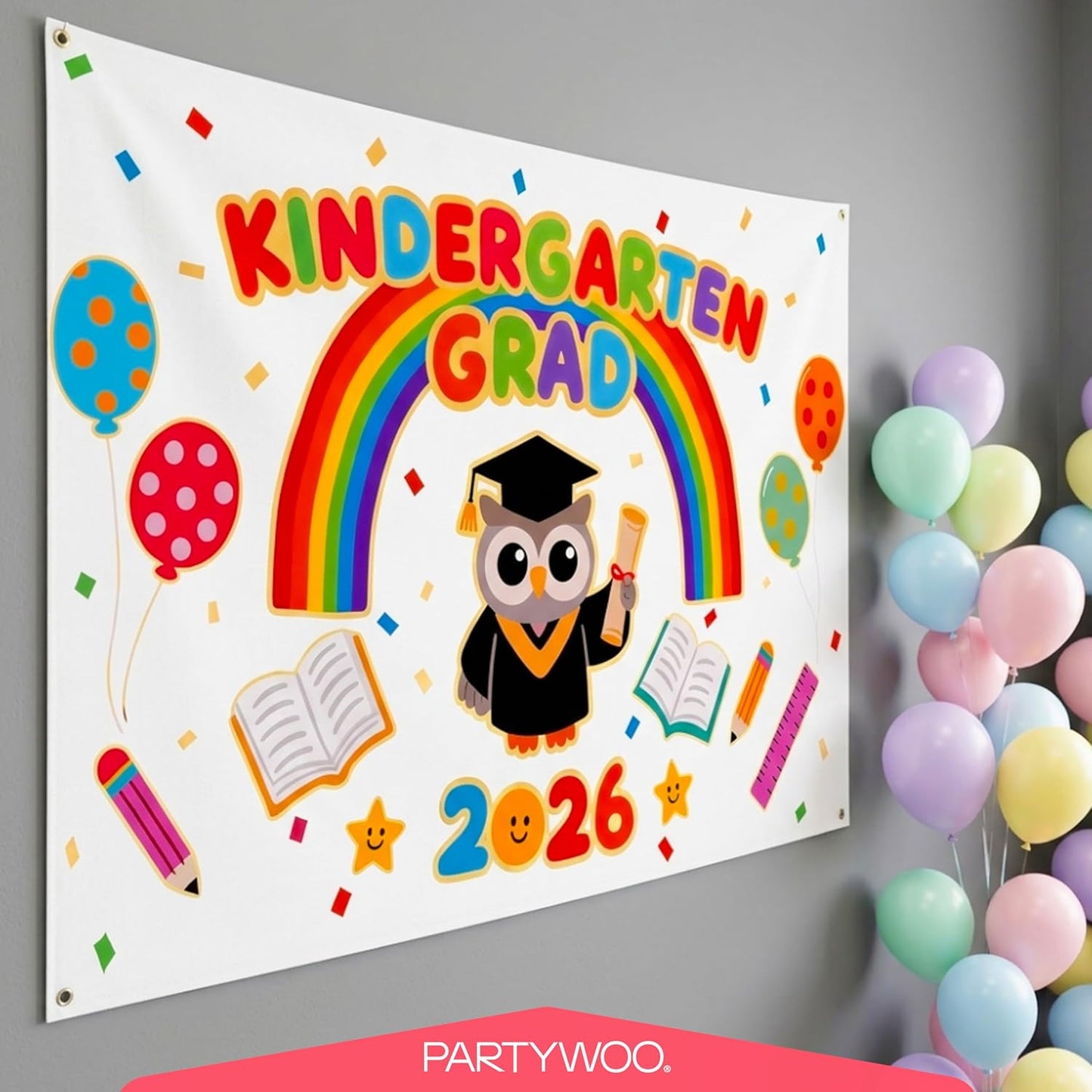 PartyWoo Graduation Decorations - 40pcs Colorful Rainbow Grad Party Supplies | Congrats Grad Banner & Balloons