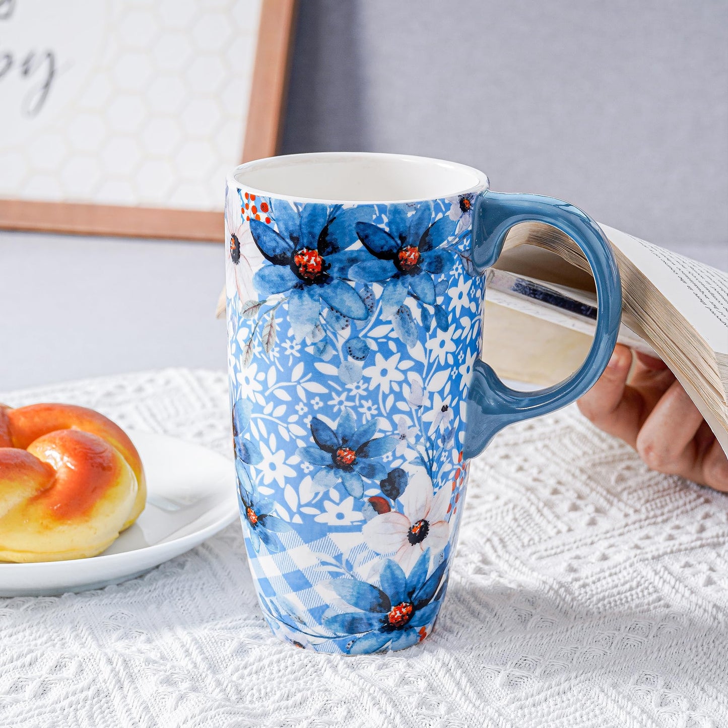 Topadorn Ceramic Coffee Mug Travel Cup Gift with Lid 17oz, Porcelain Tall Tea Cup with Handle for Home & Office, Blue Flower Art Pattern Mug in Gift Box, 6.5''H