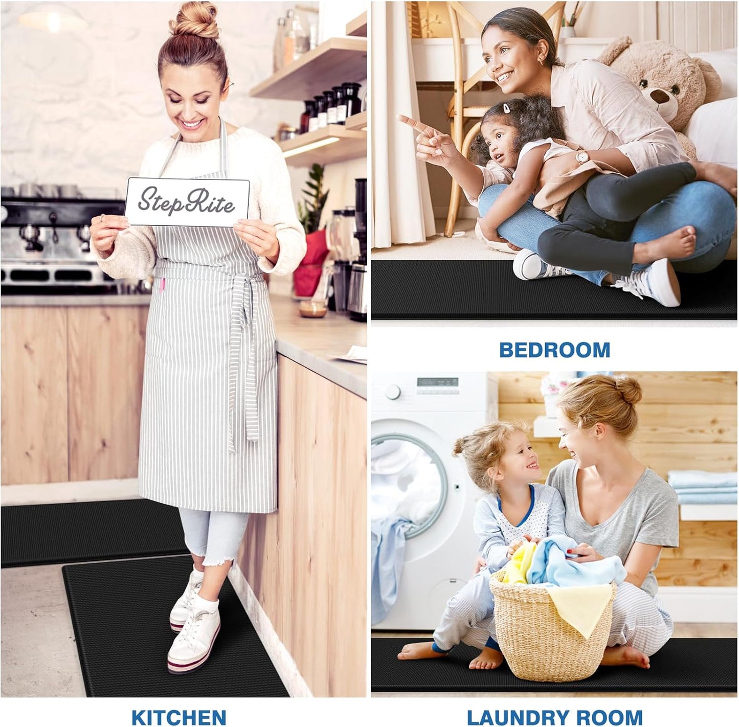 StepRite Kitchen Mats - Cushioned Anti-Fatigue Non-Slip Floor Mats | Waterproof Rug Set, 17.3"x30"+17.3"x47", Black