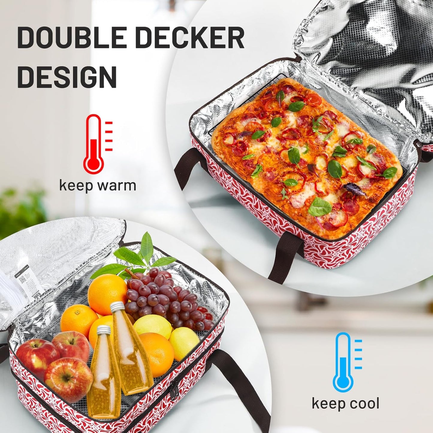 MIER Insulated Casserole Carrier - Double Food Carrier Bag for 9"x13" Dishes | Red Thermal Holder for Hot or Cold Food