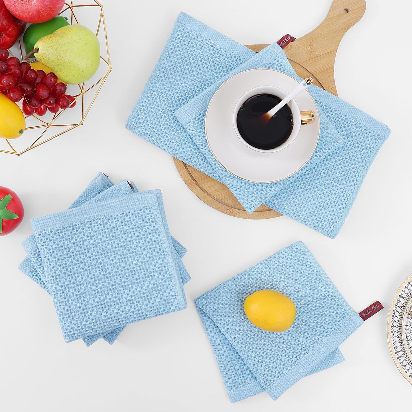Homaxy 100% Cotton Waffle Weave Kitchen Dish Cloths, Ultra Soft Absorbent Quick Drying Dish Towels, 12 x 12 Inches, 6-Pack, Sky Blue