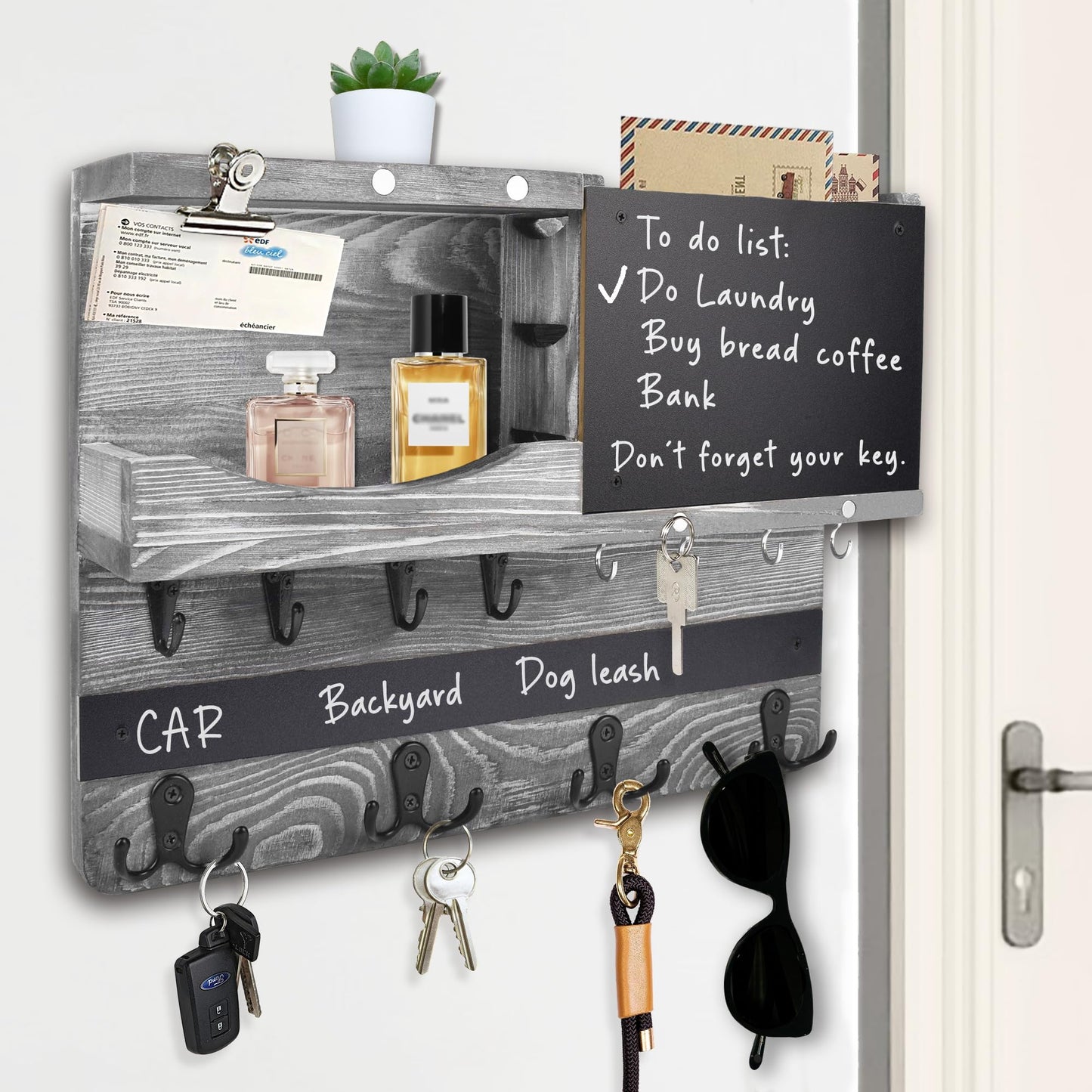 HEKOOLA Farmhouse Key and Mail Holder for Wall Decorative, Mail and Key Organizer for Wall with Different Hooks, Chalkboard, Home Decor with Shelf, Basket, Clips(Pine Wood,Washed Gray)