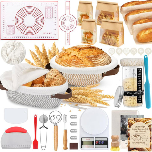 Aliggbent 38Pcs Sourdough Bread Baking Supplies – 11'' Oval & 10'' Round Cotton Rope Banneton Bread Proofing Baskets with Liners & Covers, Sourdough Starter Jar Kit, Scale, Bags & Bread Making Tools