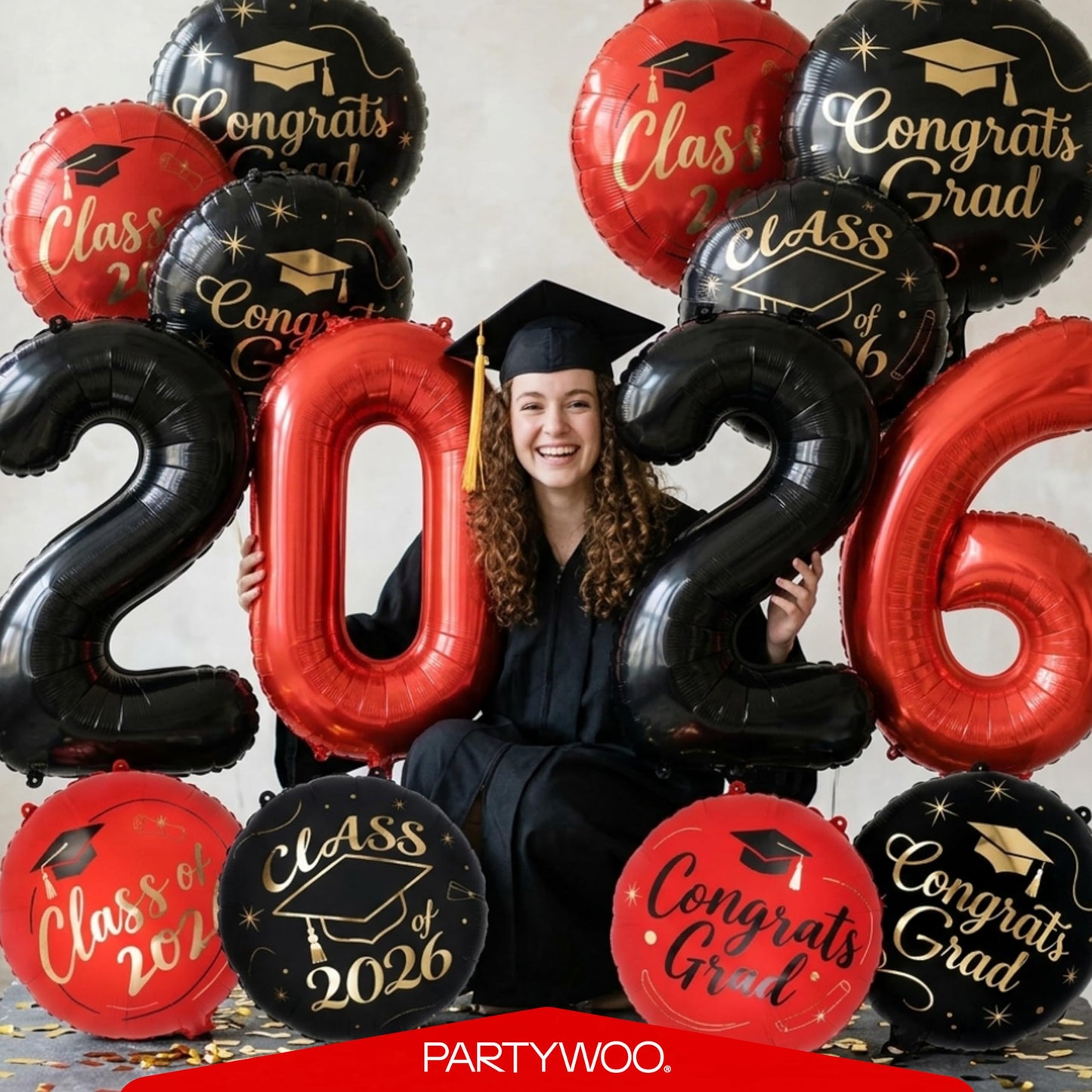 PartyWoo Graduation Balloons Class of 2026 Black Red Gold 12pcs Balloons 40 Inch 2026 Foil Number Balloons 18 Inch Congrats Grad Mylar Balloons for Black Red Graduation Decorations Party Supplies