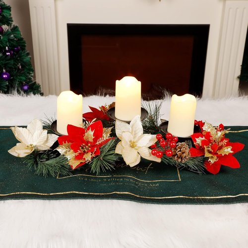 FORUP Christmas Centerpiece - Elegant Poinsettia Design with 3 Flameless Candles | Holiday Table Decor