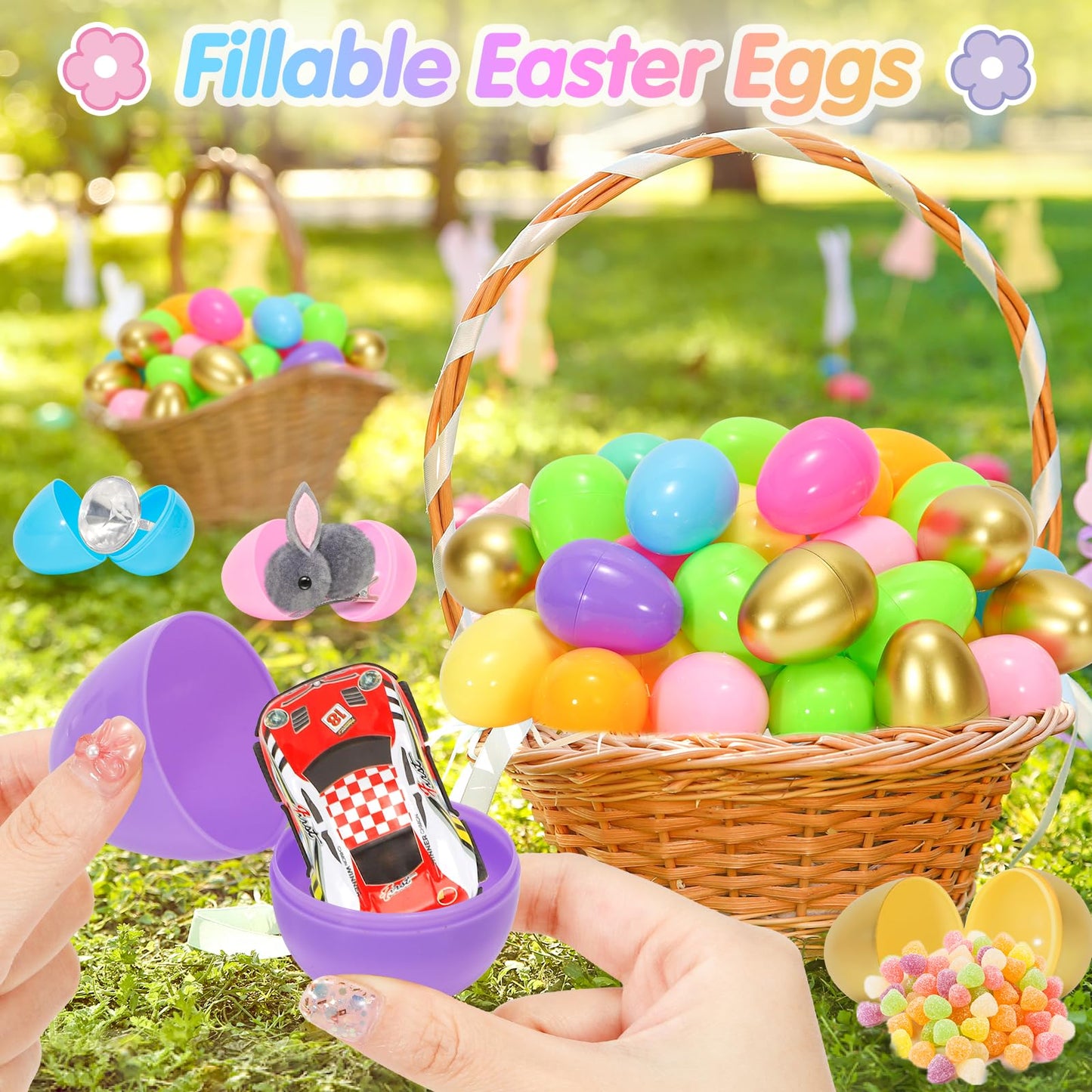 SevenQ Plastic Easter Eggs Fillable, 100Pcs 2.4" Empty Colorful and Golden Eggs for Easter Basket Stuffers Gifts for Kids Party Favors Pinata Treasure Box Toys Classroom Goodie Bags Egg Hunt Supplies