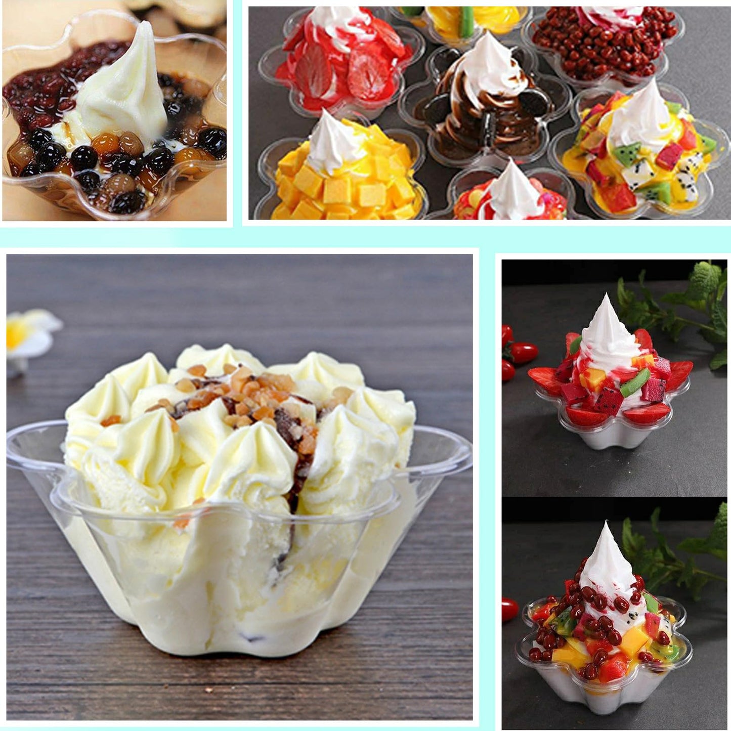 Merkaunis 200 Pack Plastic Ice Cream Bowls 8.5Oz Clear Plastic Ice Cream Dessert Bowls Sundae Snack Fruit Salad Bowl Clear Flower Shape Appetizer Cup Chocolate Dessert Sundae and Nuts
