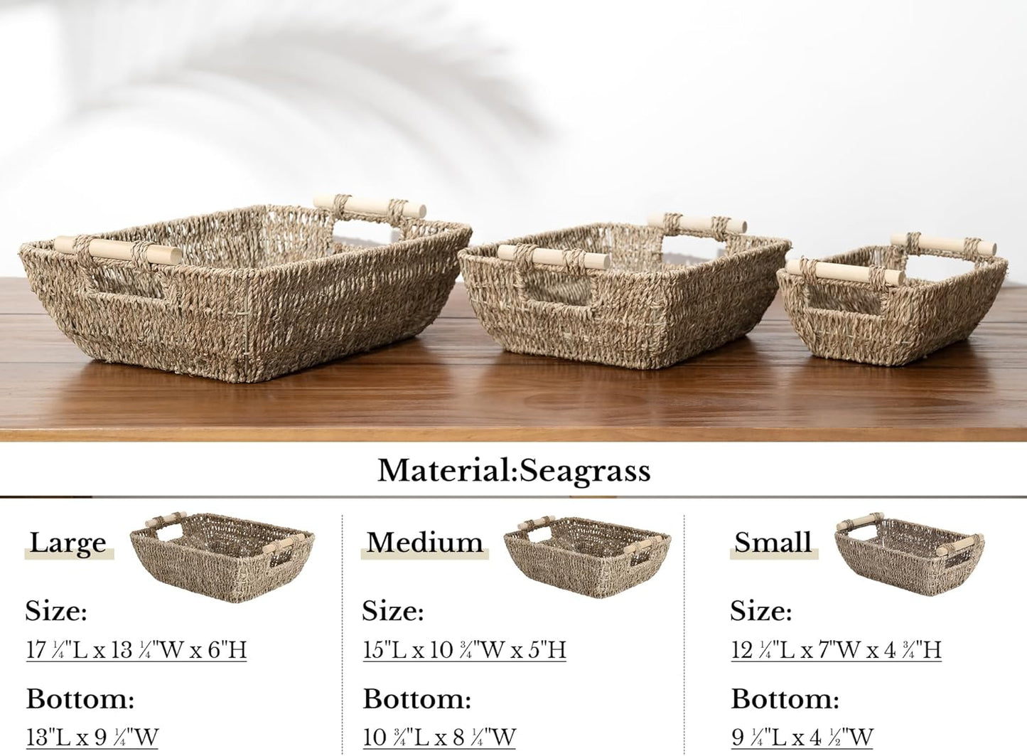 StorageWorks Jumbo Hand-Woven Seagrass Storage Baskets - 2-Pack with Wooden Handles for Organizing