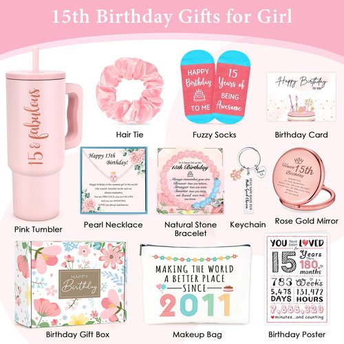 15 Year Old Girl Birthday Gifts for 15 Years Old Girl Gift Trendy Stuff Happy 15th Birthday Gifts for Girls Cool 15 Year Olds Gift Ideas Sweet 10th Decoration Present Set with Tumbler Socks Makeup Bag