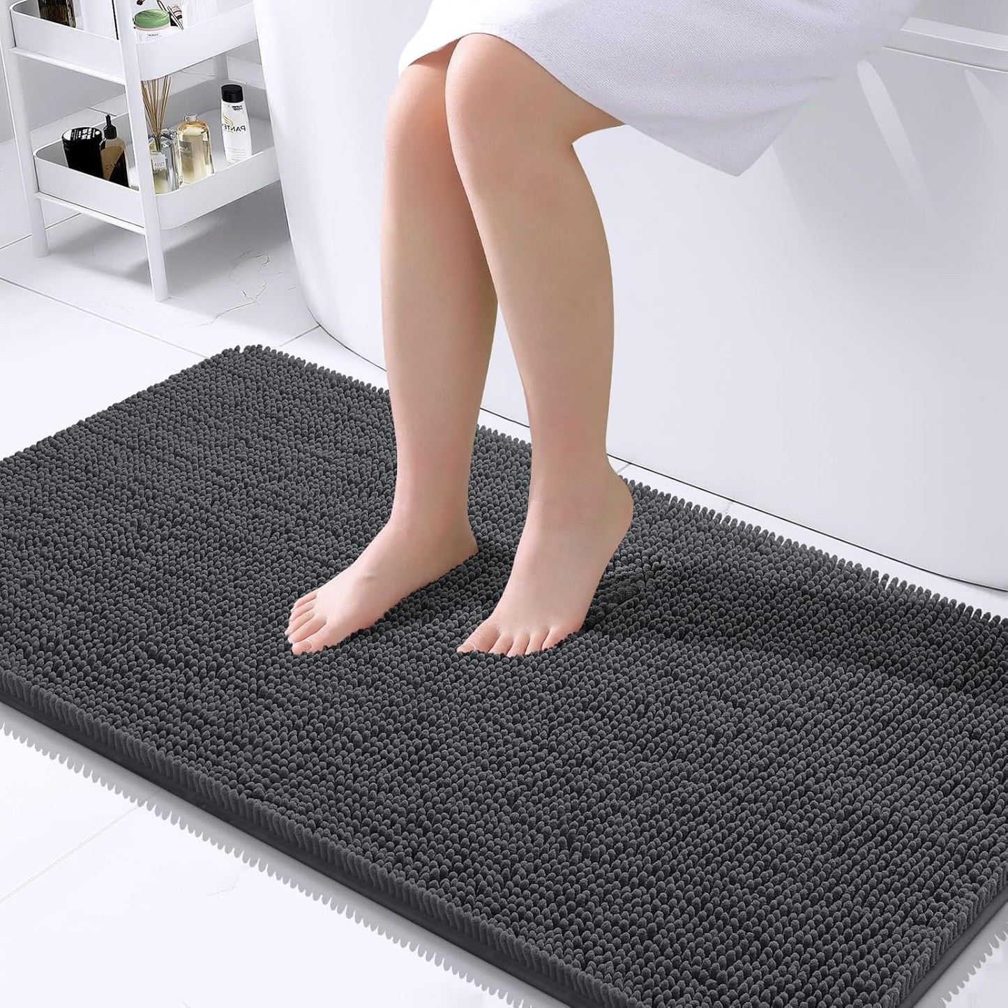 OLANLY Large Bathroom Rugs - Extra Soft Chenille Bath Mat with Rubber Backing | Quick Dry, Machine Washable, Dark Grey 45x27