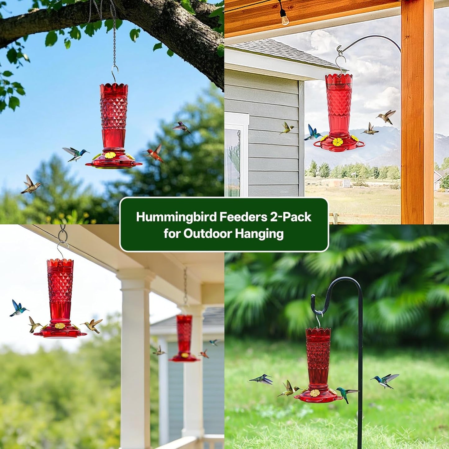 Skiennix Hummingbird Feeders - 14oz Ant & Bee Proof Design | 4 Feeding Ports for Outdoor Garden Decor, Red - 2 Pack
