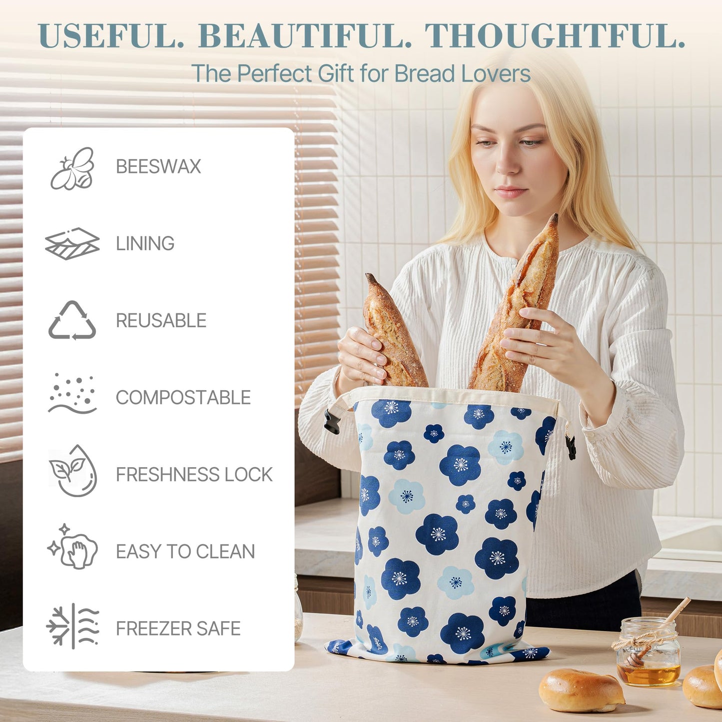 Augine Beeswax Bread Bags for Sourdough, Reusable Bread Bags for Homemade Bread, 2 Pack Natural Cotton Beeswax Storage, Natural Cotton Beeswax Bags, Large Capacity