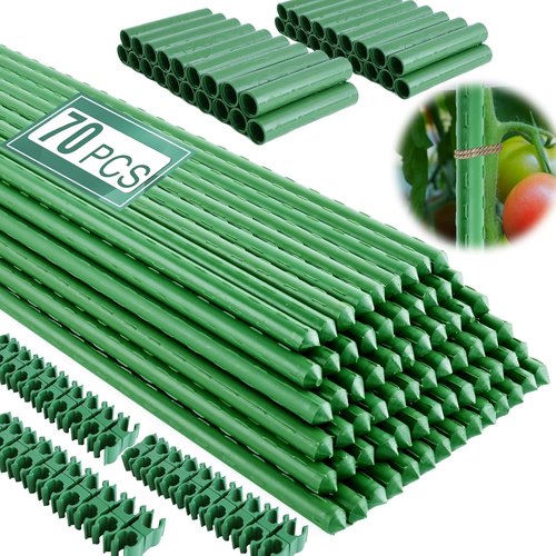 Fabulas Garden Stakes - 16-Inch Plastic Coated Metal Plant Supports | 70 Pack with Connectors & Clips