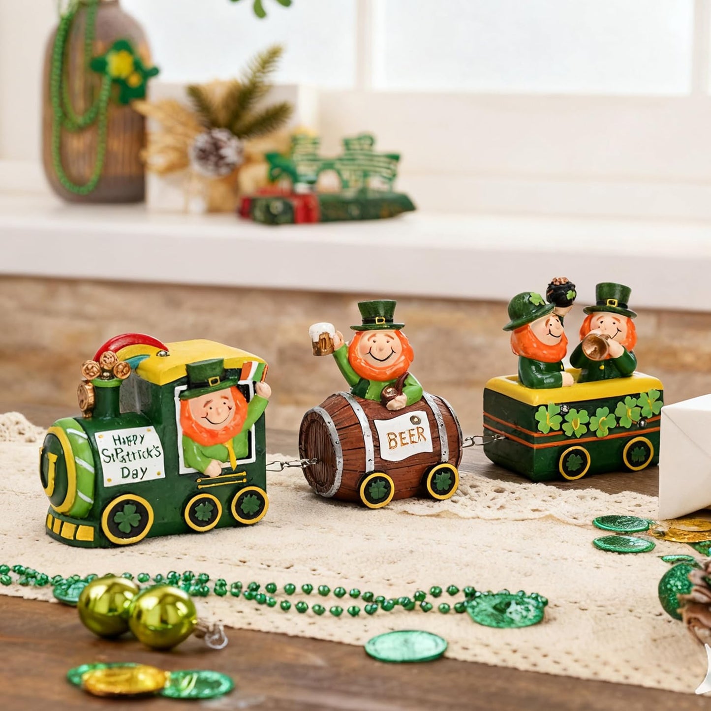 Valery Madelyn St. Patrick's Day Decorations - Lighted LED Train & Leprechaun with Shamrock Pot of Gold | Festive Table Centerpiece