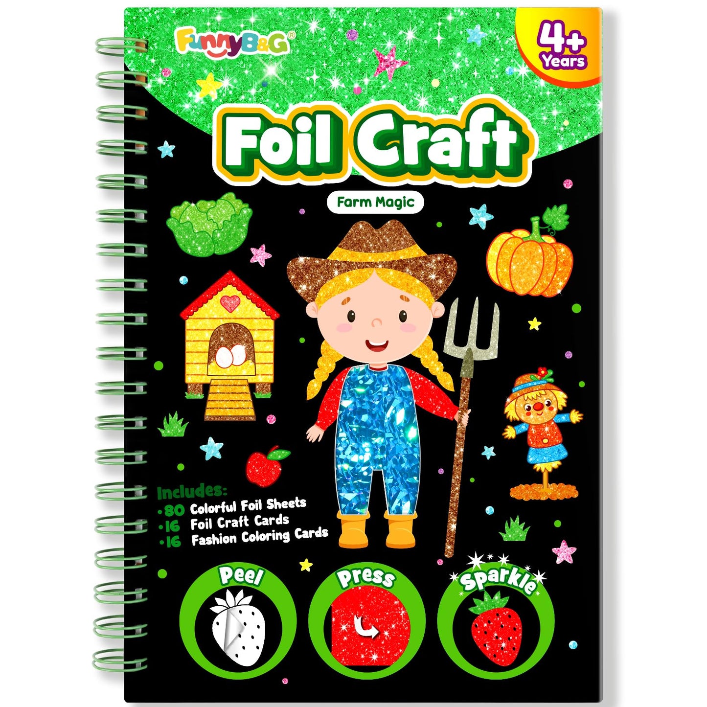 FUNNYB&G Foil Art Craft Kit for Girls 4-10 Years Old: Mess-Free & No-Glue, Create 16 Sparkly Farm Pictures – Perfect Travel Toy & Birthday Gift for Kids（Farm
