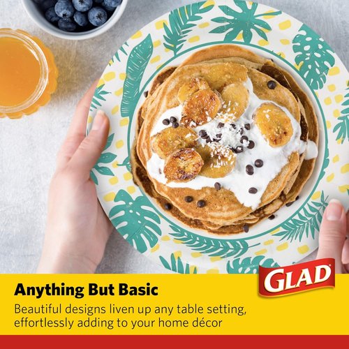 Glad Round Disposable Paper Plates - Soak Proof & Cut Resistant - Palm Leaves Pattern, 10 Inch, 50 Count