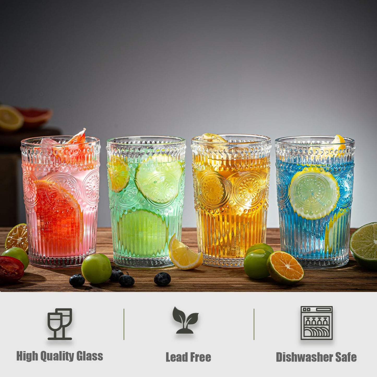 Claplante Vintage Highball Glasses, Set of 8 Glass Drinking Glasses, 13.5 oz Durable Drinkware Cups for Cocktails, Water, Juice, Beer, Wine-Special Edition Glassware Set, Dishware, Dishwasher Safe