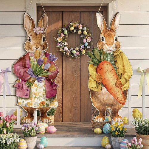 Anglechic Large Easter Bunny Door Sign - 12.1 x 29.3 Inch Wooden Porch Decor with Floral Carrot
