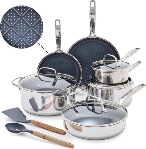 Blue Diamond Hybrid Cookware Set - 12 Piece Nonstick Stainless Steel | PFAS-Free, Induction Ready, Dishwasher Safe