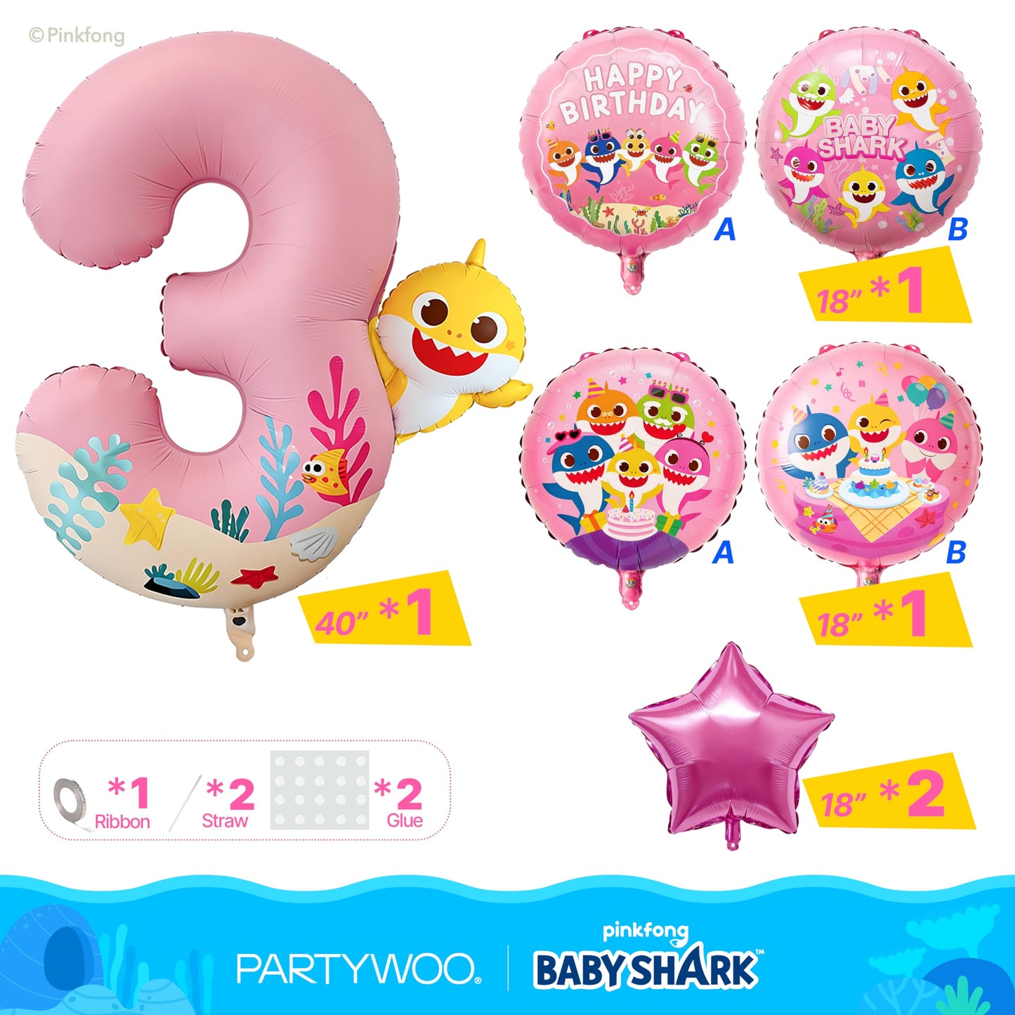 PartyWoo Baby Shark Pink Foil Number 3 Balloon 5pcs 40 18 Inch Pink Round Star Mylar Helium Birthday Balloons for Boys and Girls Baby Shark Under the Sea Ocean Kids Third Birthday Party Decorations