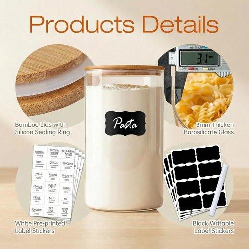HomArtist Glass Jars - Airtight Bamboo Lids | Multi-Size Set of 5 for Kitchen & Pantry Storage
