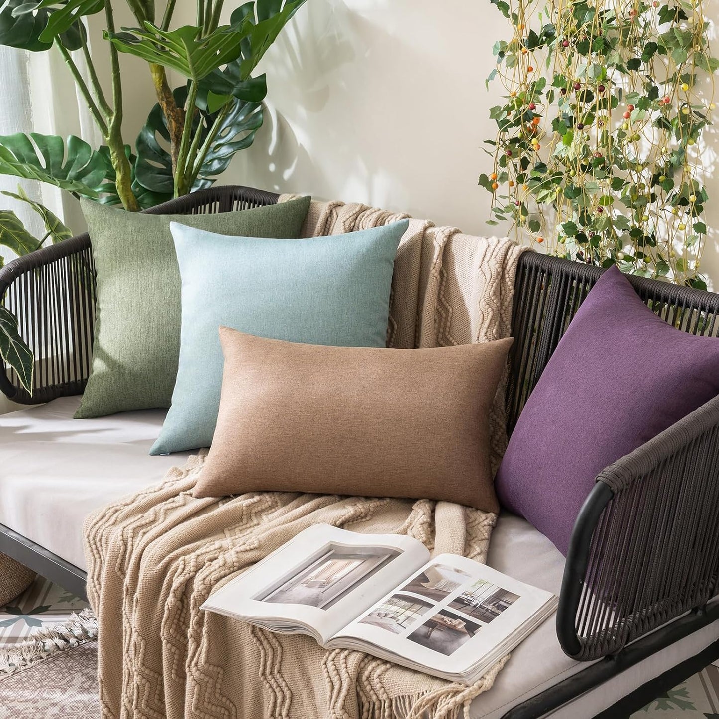 MIULEE Decorative Outdoor Throw Pillow Covers - Waterproof Faux Linen Cushion Cases | 20x20 Inch Gray Green (Pack of 2)