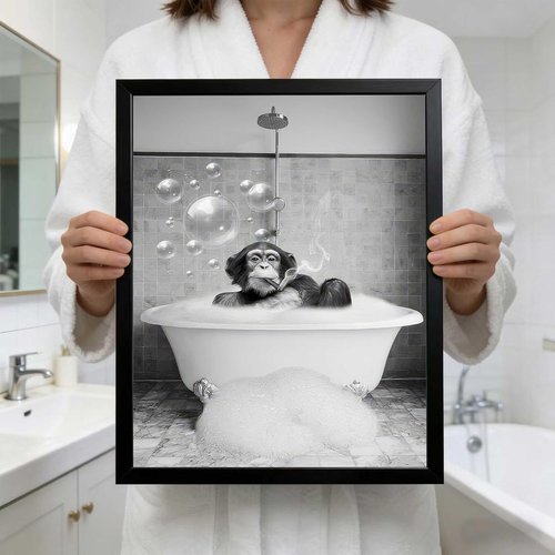Framed Chimpanzee Wall Art - Fun Black and White Monkey Canvas Decor | 8x10 Inches for Bathroom or Man Cave