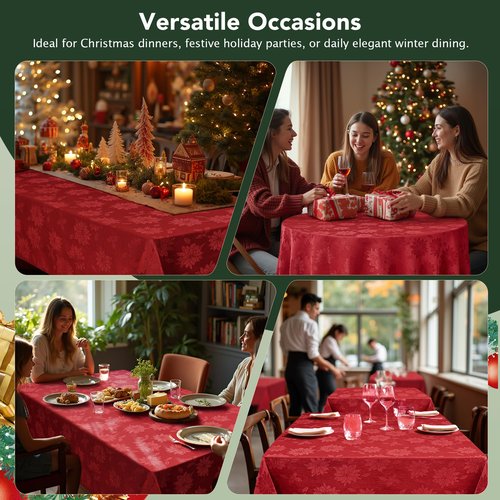Biscaynebay Christmas Red Tablecloth Rectangle Tables 60x102 Inch-Fabric Xmas Holiday Winter Table Cloth-Jacquard Damask Poinsettia Modern Table Cover for 6 ft Kitchen Dinner Banquet Outdoor Parties