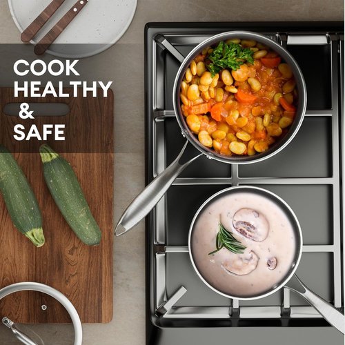 COOKER KING 1.5 Quart Stainless Steel Saucepan - Nonstick Ceramic Pot with Tempered Glass Lid | Induction Compatible & Dishwasher Safe