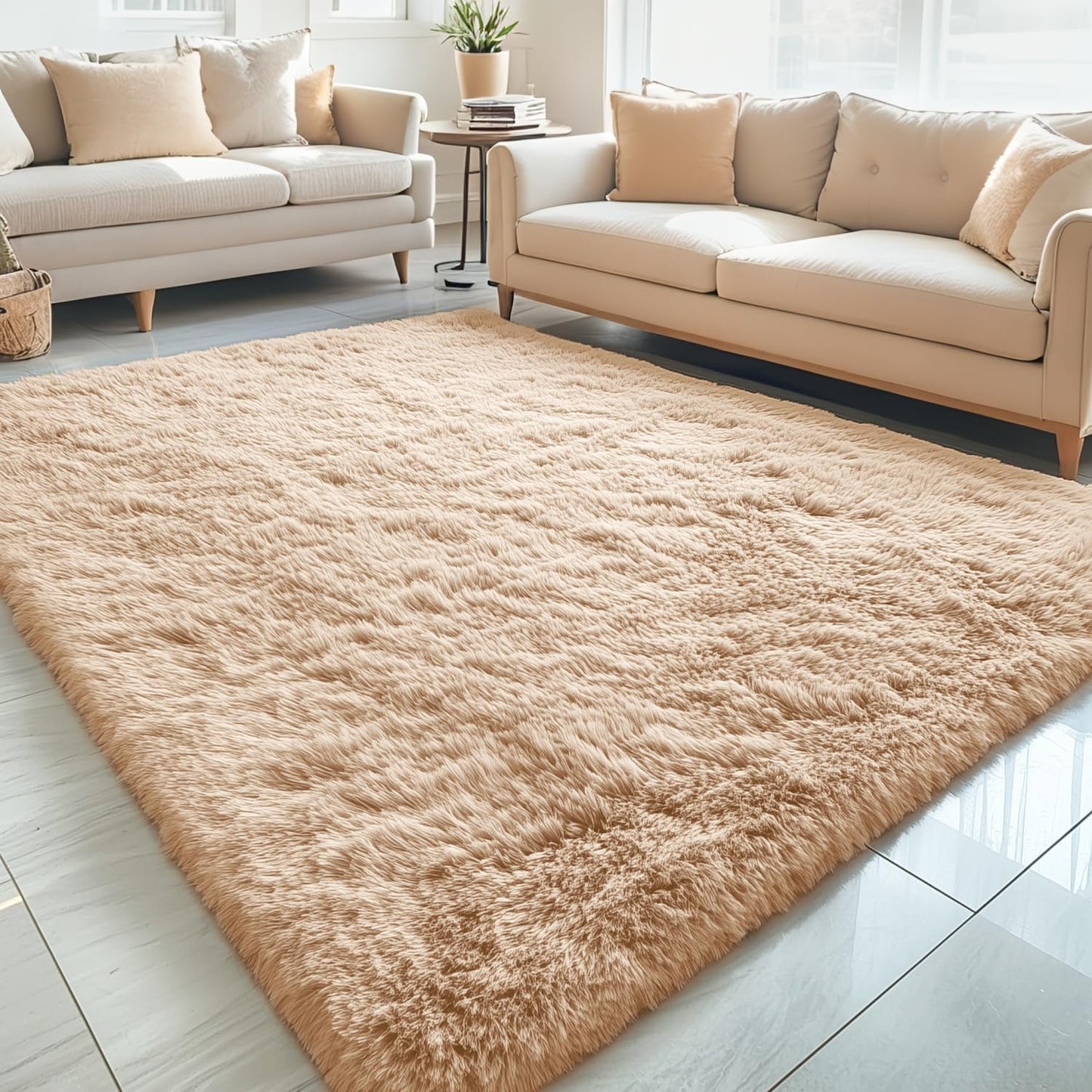 OLANLY Large Area Rug - Soft Fluffy Shaggy Carpet for Living Room & Bedroom | 5x7 Beige Indoor Decor