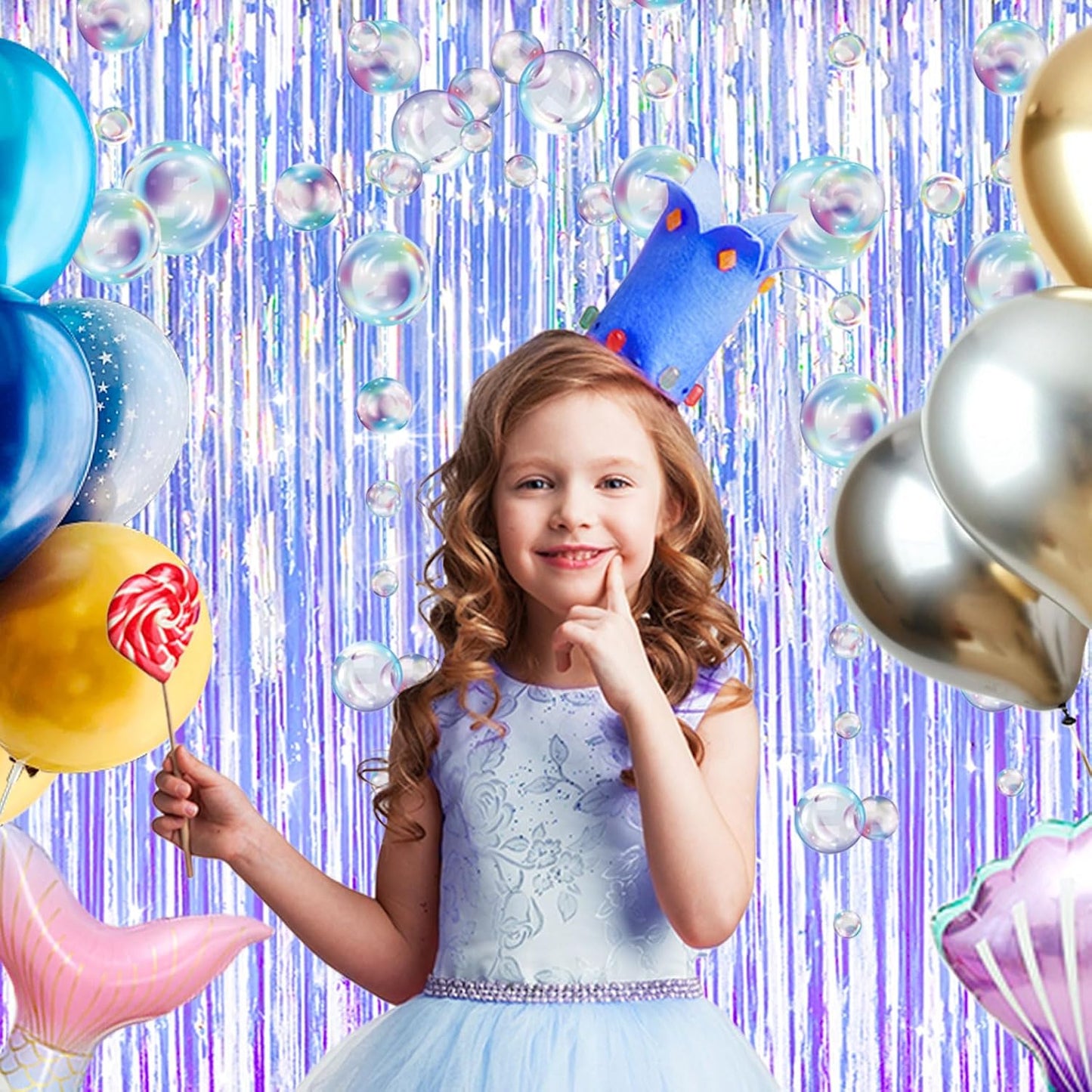 Skiennix Iridescent Party Streamers - Tinsel Foil Fringe Curtains & Colorful Bubble Garlands | Ocean Party Decor
