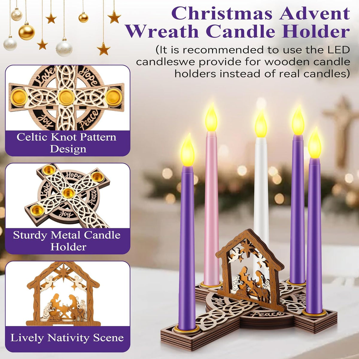 Skiennix Christmas Advent Wreath Candle Holder - 5 Pcs Flameless Candles & Wood Cross Nativity Scene Decor