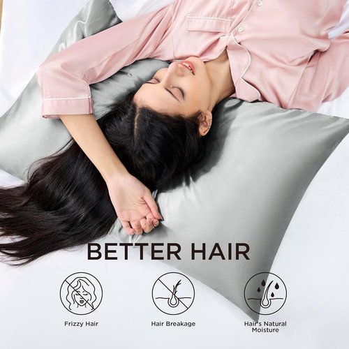 Bedsure Satin Pillowcase - Silky Soft Zippered Pillow Covers for Hair & Skin | Grey Queen Size Set of 2 (20x30 Inches)
