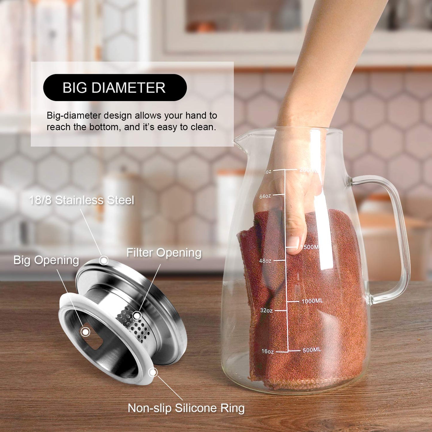 Aofmee Glass Pitcher with Lid, 68oz Water Pitcher with Handle and Precise Scale Line, Stainless Steel Iced Tea Carafe, Heat Resistant Borosilicate Jug for Juice, Milk, Cold or Hot Beverages
