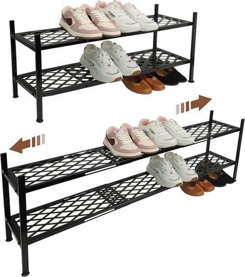 Expandable Shoe Rack by [Brand Name] - 2-Tier Metal Shoe Shelf Organizer for Closet & Entryway | Black
