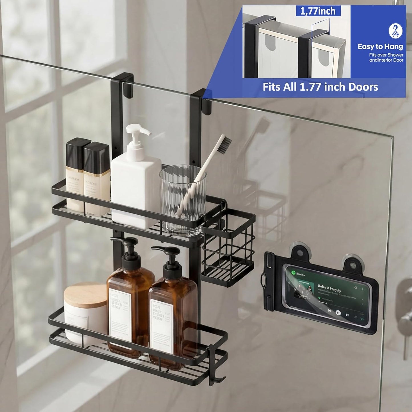 Skiennix Over The Door Shower Caddy - Rustproof 2-Tier Organizer with Waterproof Phone Pouch | Black