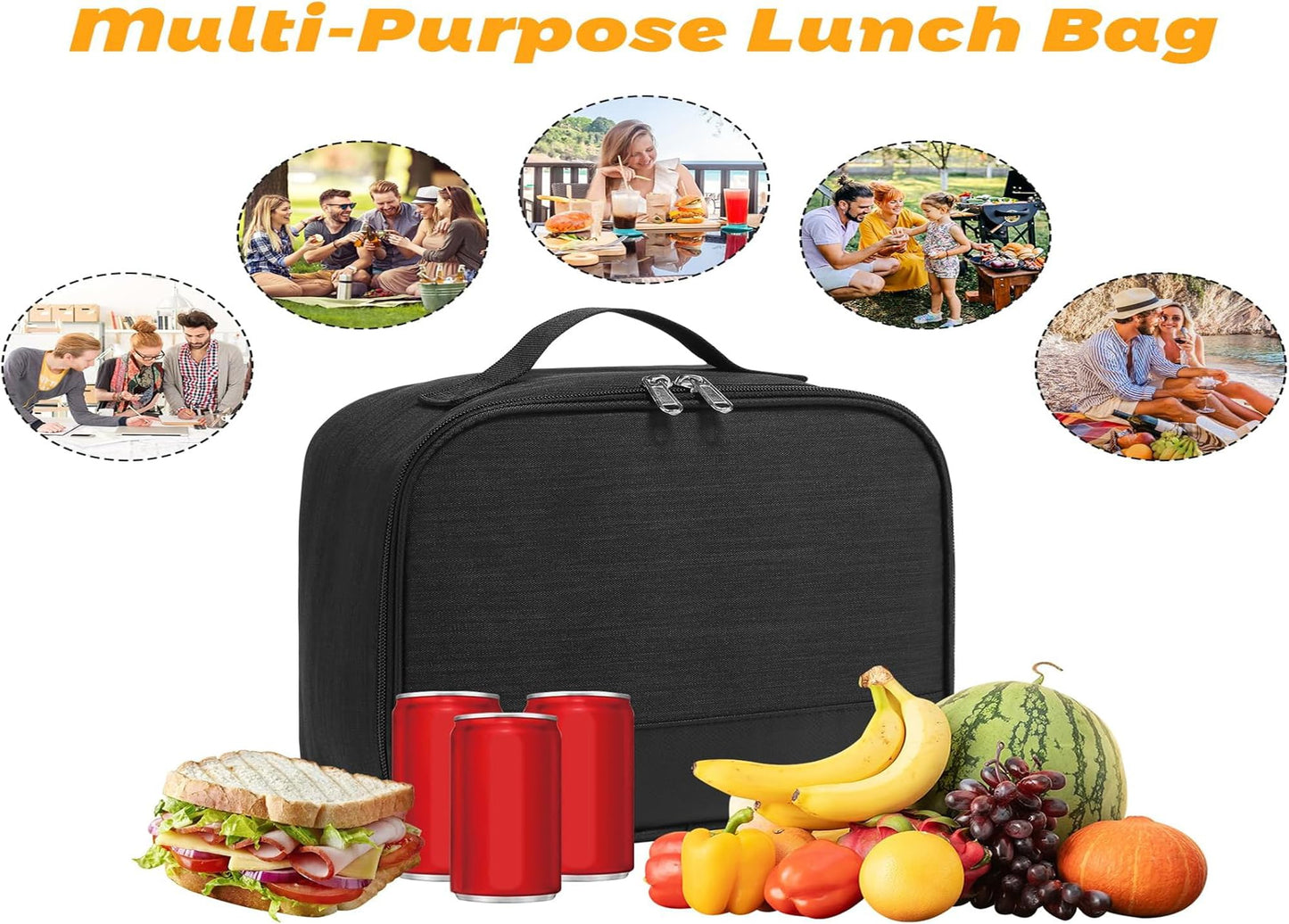 ZM-YOUTOO Lunch Box for Men - Reusable Lunch Bag Men Adult Women- Insulated LunchBox for Office Hiking Camping (Black)