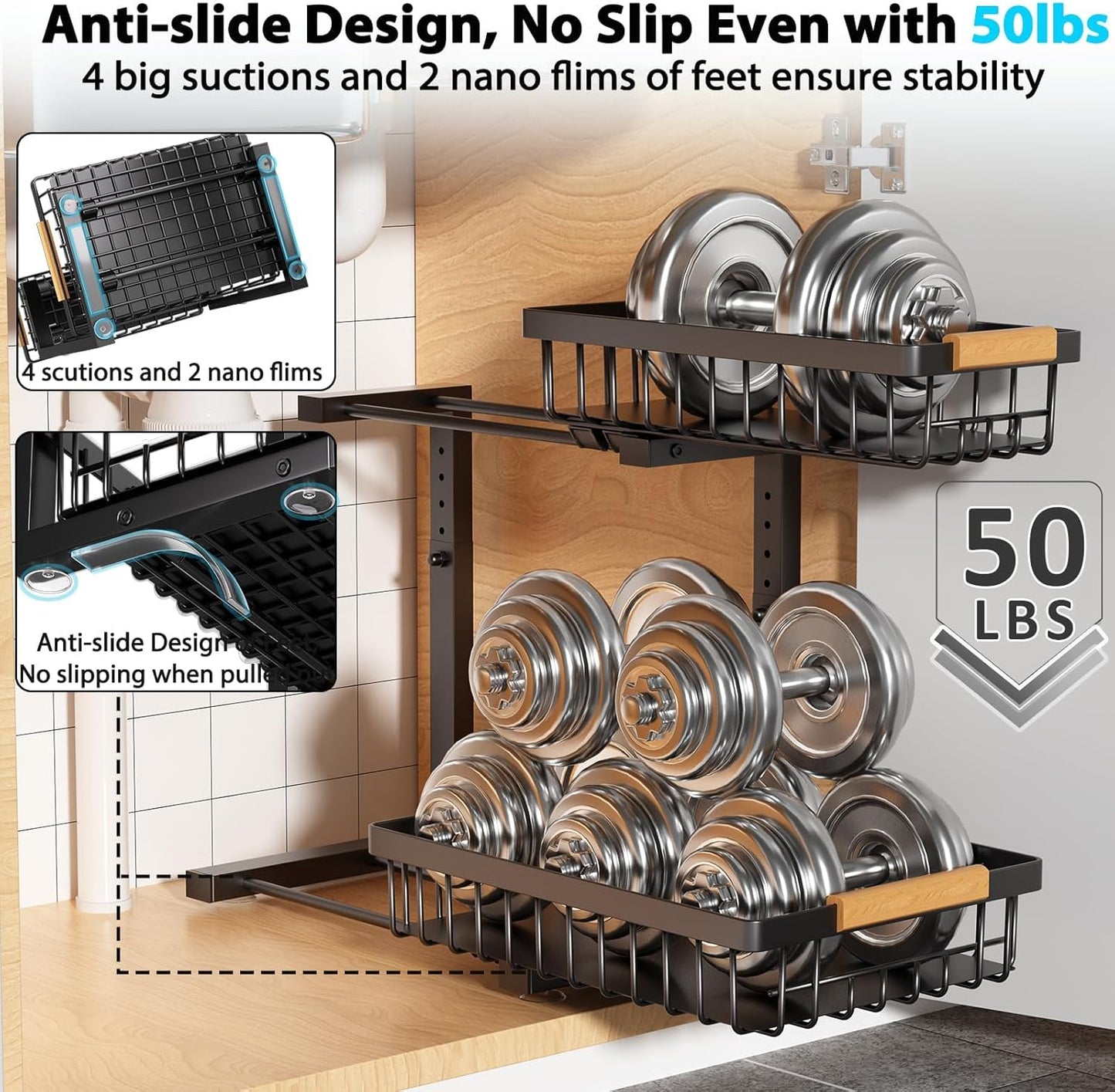 Liuoud Under Sink Organizer - 2 Pack Adjustable 2-Tier Storage for Kitchen & Bathroom Cabinets - Black
