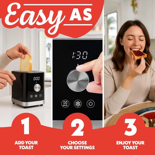 Gourmia 2 Slice Toaster - 6 Browning Levels, Bagel & Defrost Modes, Compact Black Design